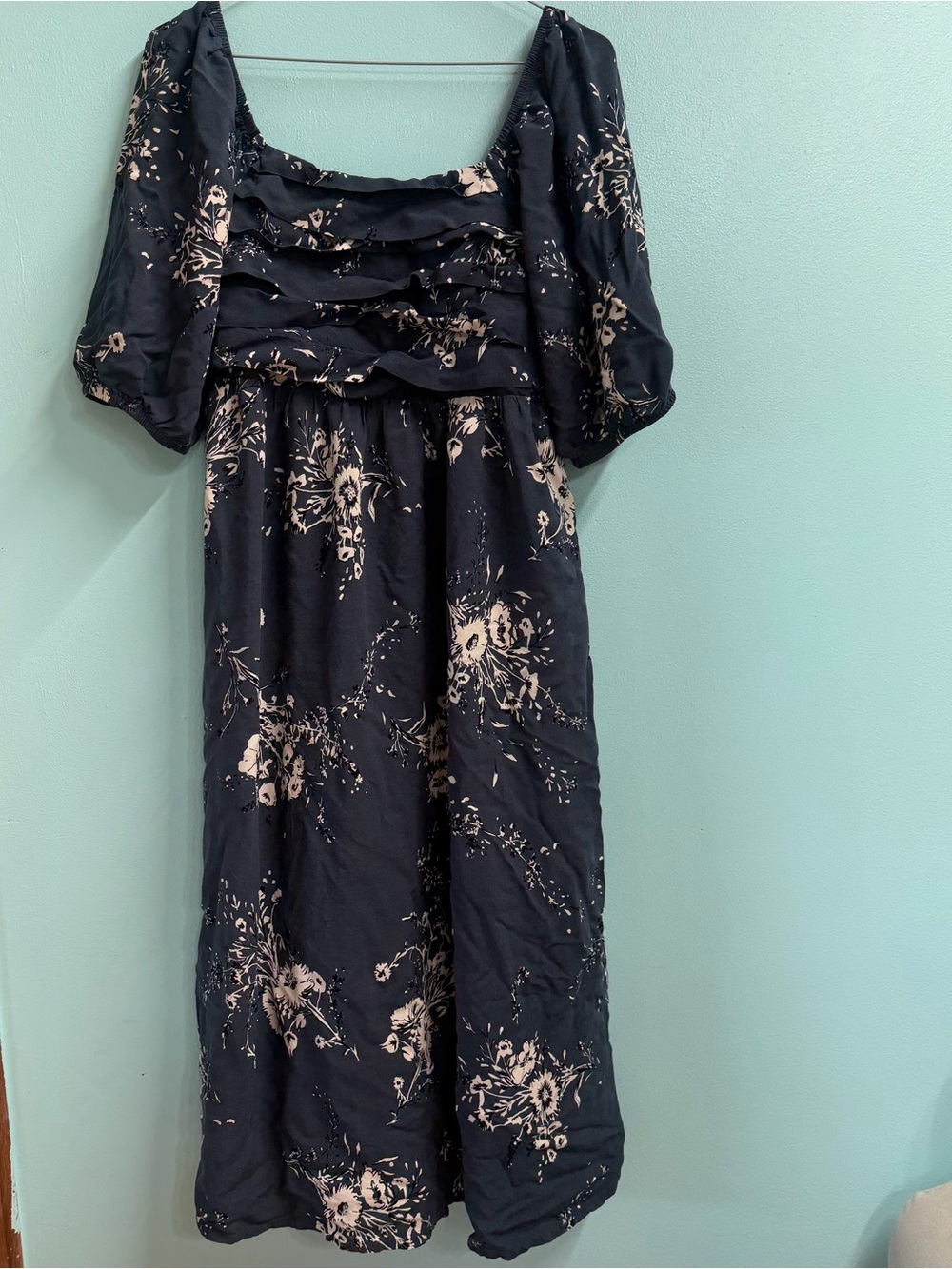 Maurices Black Maxi Dress with Cream Floral Print and Puff Sleeves M